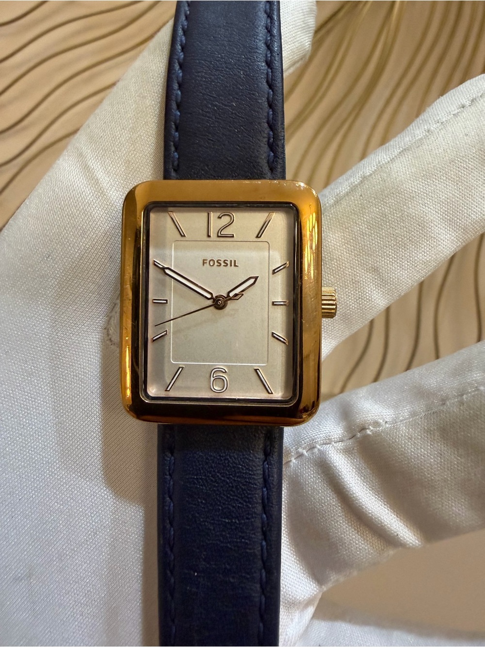 Fossil Atwater Watch ES4158 Rose Gold Rectangle Case Navy Blue Leather Unisex